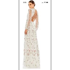 MAC DUGGAL White Floral Embroidered Mesh Sleeve Lace Up Back Dress size 6 NWT